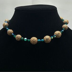 Vintage, Gold Filigree Covered Beads And Blue Crystal Short Necklace, Choker